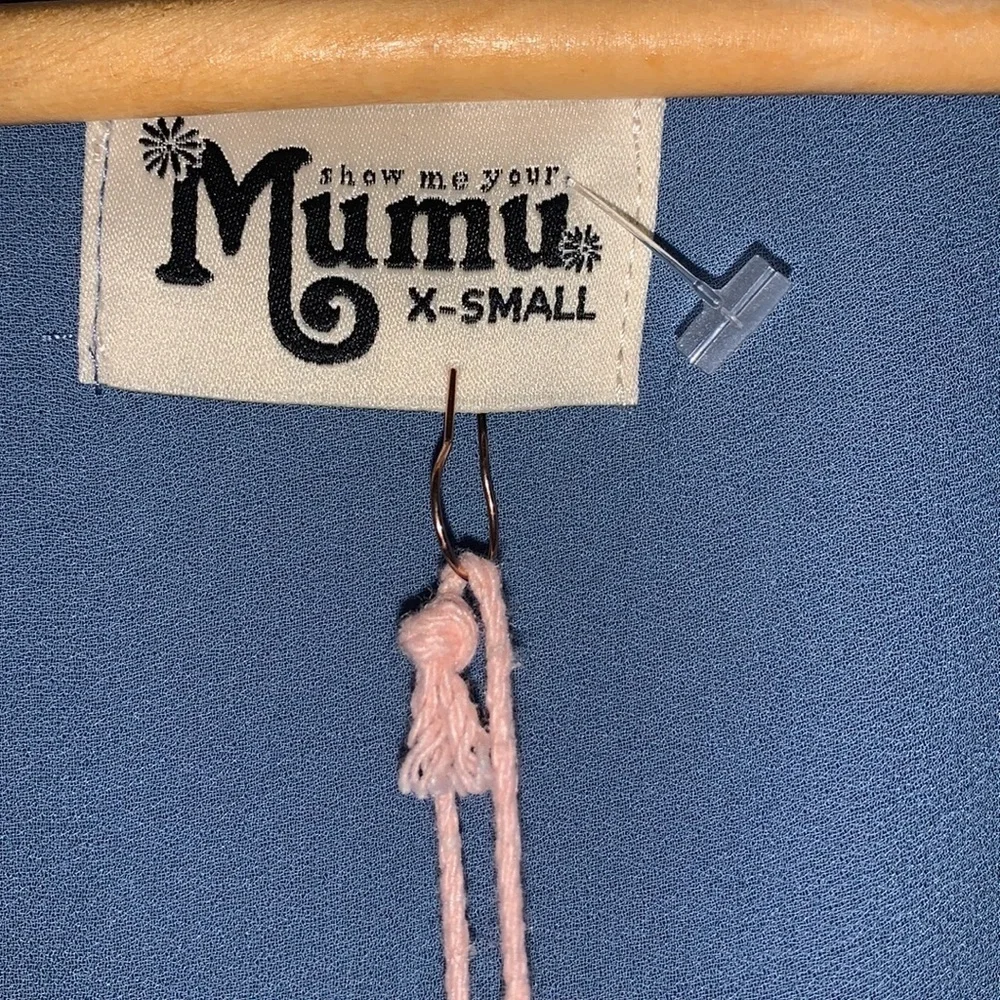 Show Me Your Mumu NWT Audrey Maxi Dress Slate Blue Chiffon Ruffle Tie Size XS